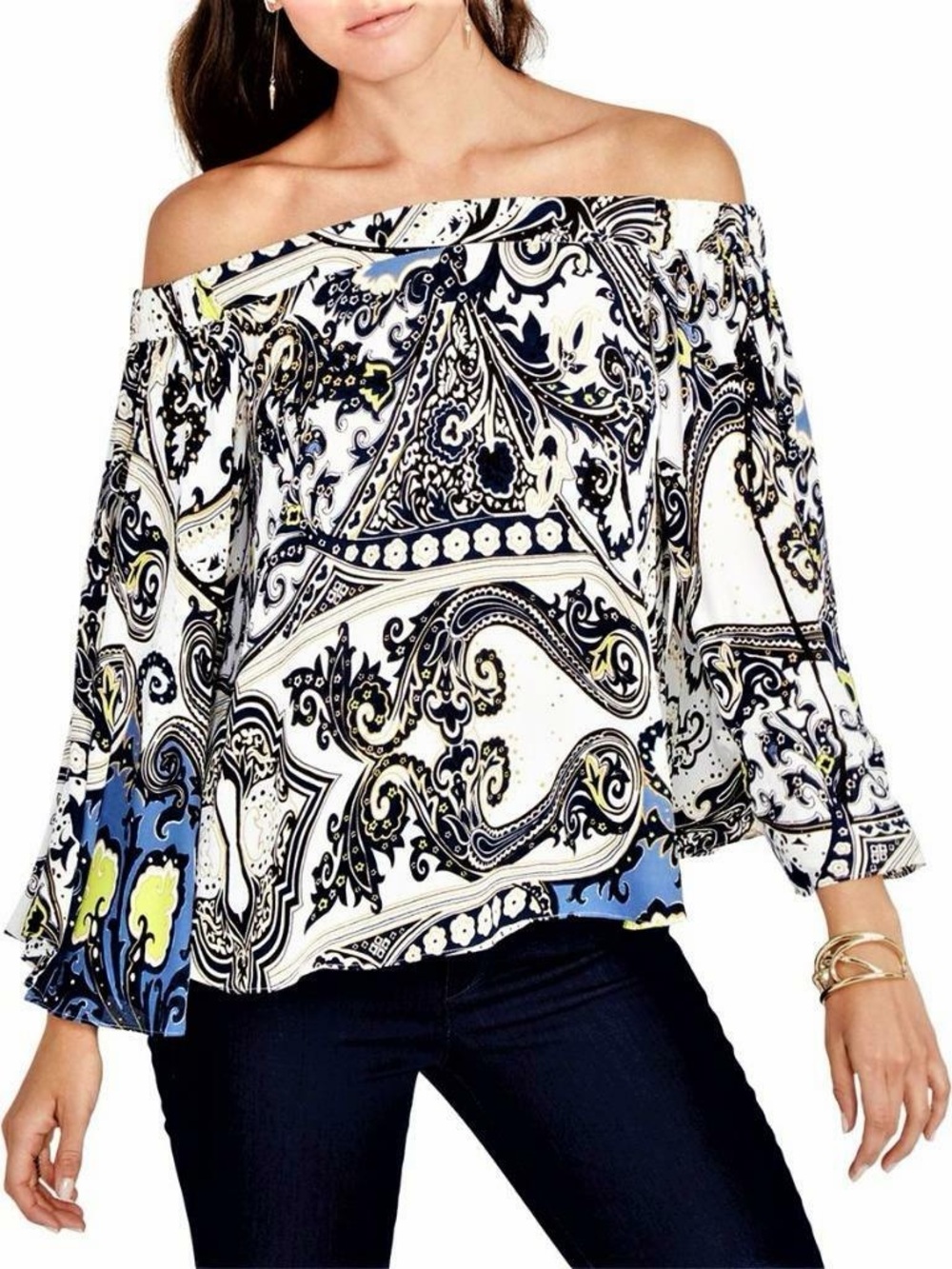 RACHEL Rachel Roy Off-Shoulder Paisley Blouse in White, Blue and Yellow